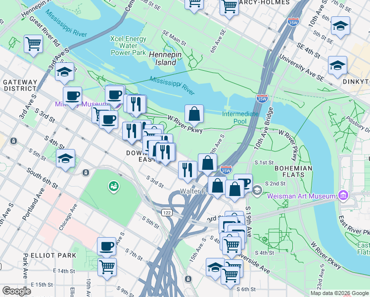 map of restaurants, bars, coffee shops, grocery stores, and more near 1111 South 2nd Street in Minneapolis