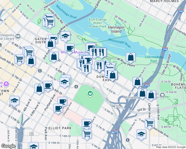map of restaurants, bars, coffee shops, grocery stores, and more near in Minneapolis