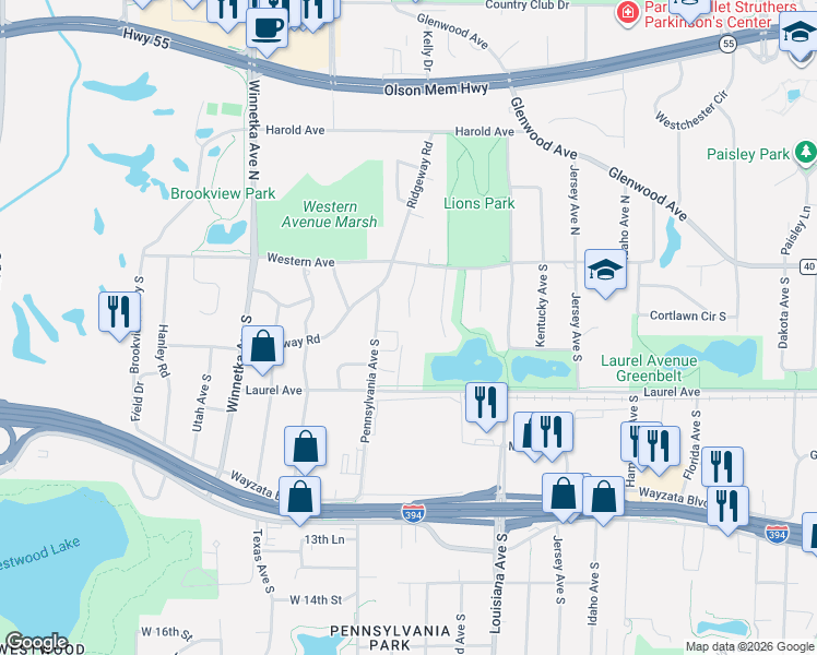 map of restaurants, bars, coffee shops, grocery stores, and more near 210 Nevada Avenue South in Minneapolis