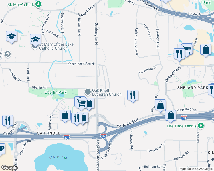 map of restaurants, bars, coffee shops, grocery stores, and more near 569 Willoughby Way East in Hopkins