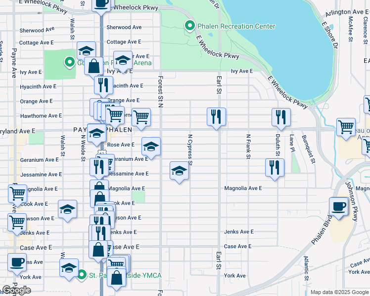 map of restaurants, bars, coffee shops, grocery stores, and more near 990 Rose Avenue East in Saint Paul