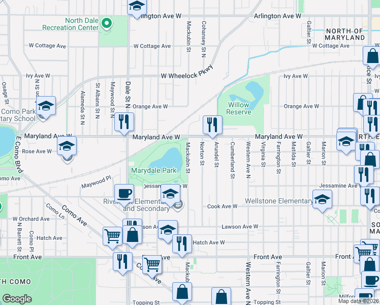 map of restaurants, bars, coffee shops, grocery stores, and more near 1184 Mackubin Street in Saint Paul