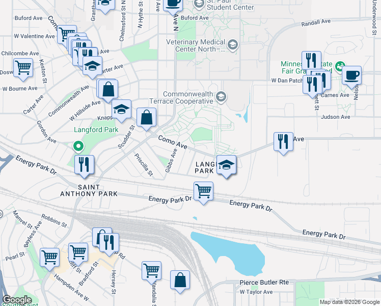 map of restaurants, bars, coffee shops, grocery stores, and more near in Saint Paul