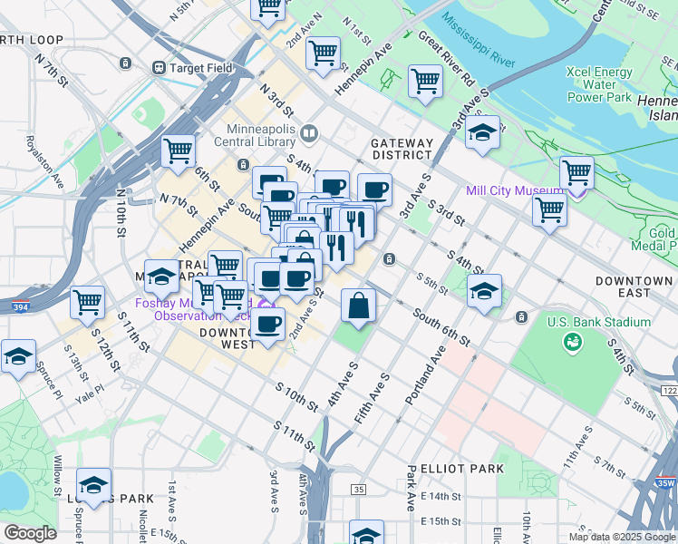 map of restaurants, bars, coffee shops, grocery stores, and more near 225 South 6th Street in Minneapolis