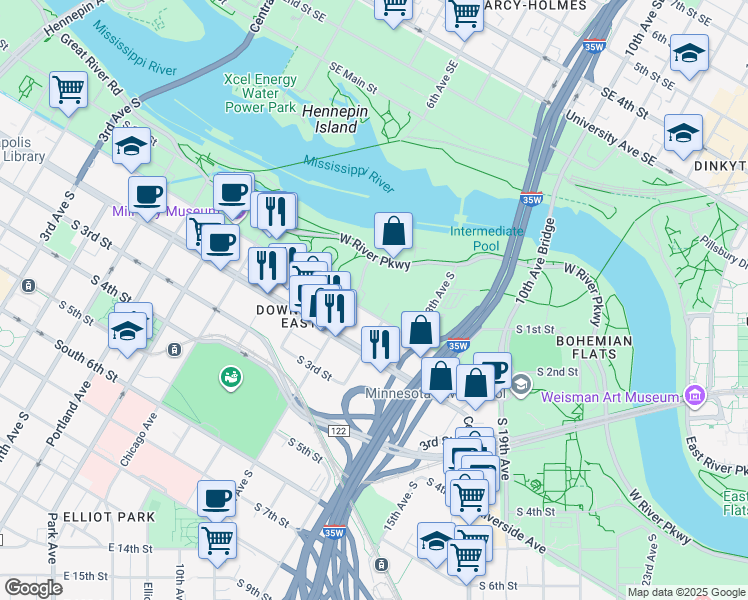 map of restaurants, bars, coffee shops, grocery stores, and more near 1111 South 2nd Street in Minneapolis