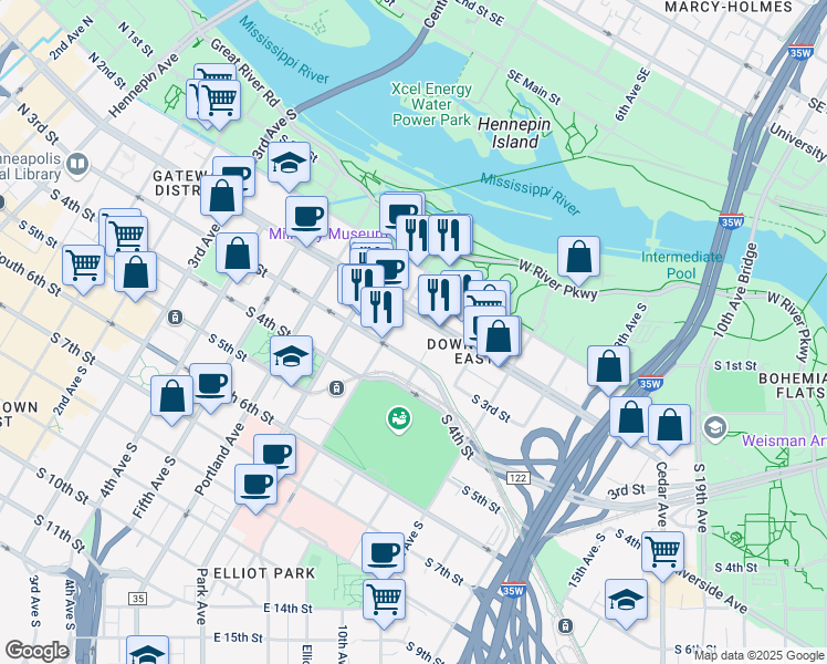 map of restaurants, bars, coffee shops, grocery stores, and more near in Minneapolis