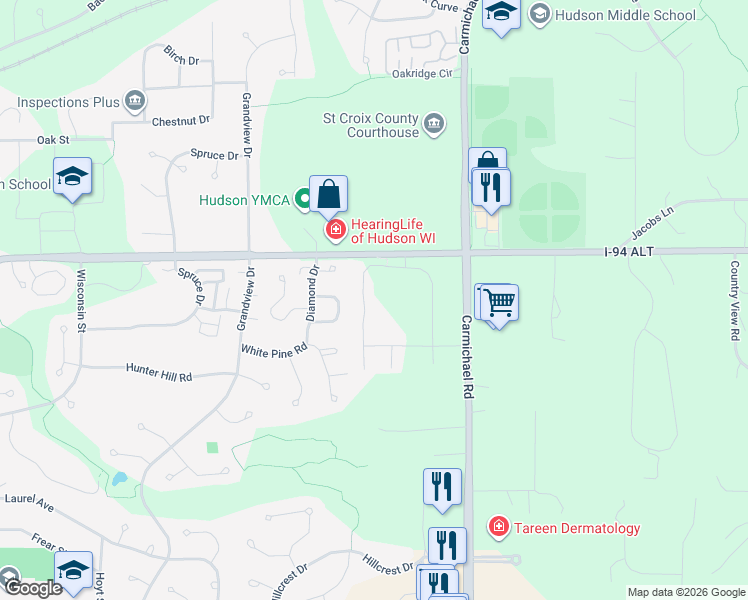 map of restaurants, bars, coffee shops, grocery stores, and more near 377 County Road UU in Hudson