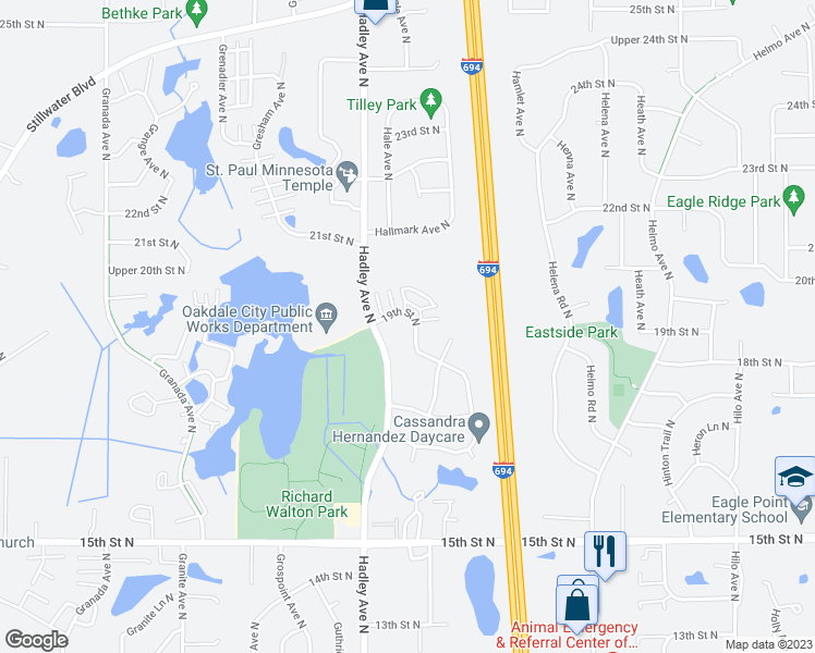 map of restaurants, bars, coffee shops, grocery stores, and more near 7029 19th Street North in Oakdale