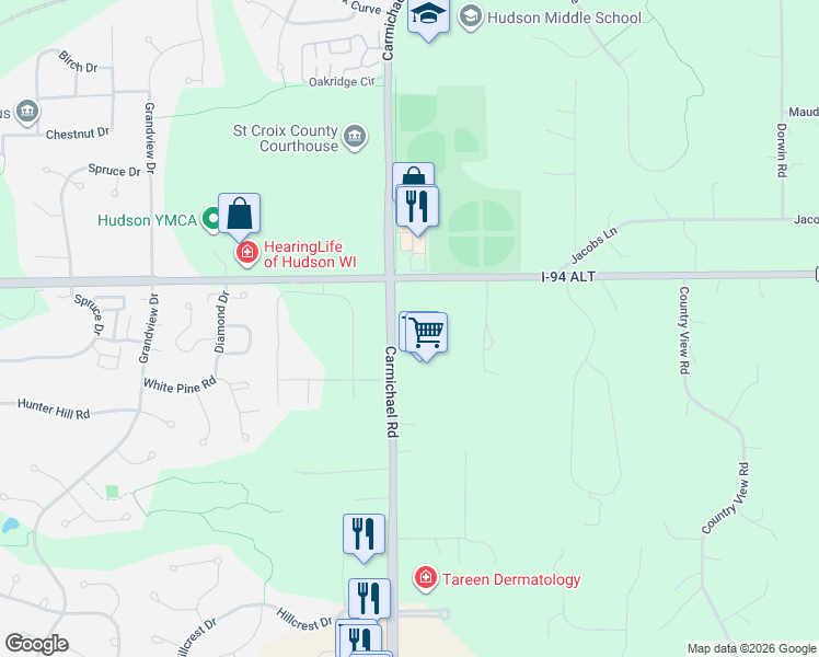 map of restaurants, bars, coffee shops, grocery stores, and more near 790 Carmichael Road in Hudson