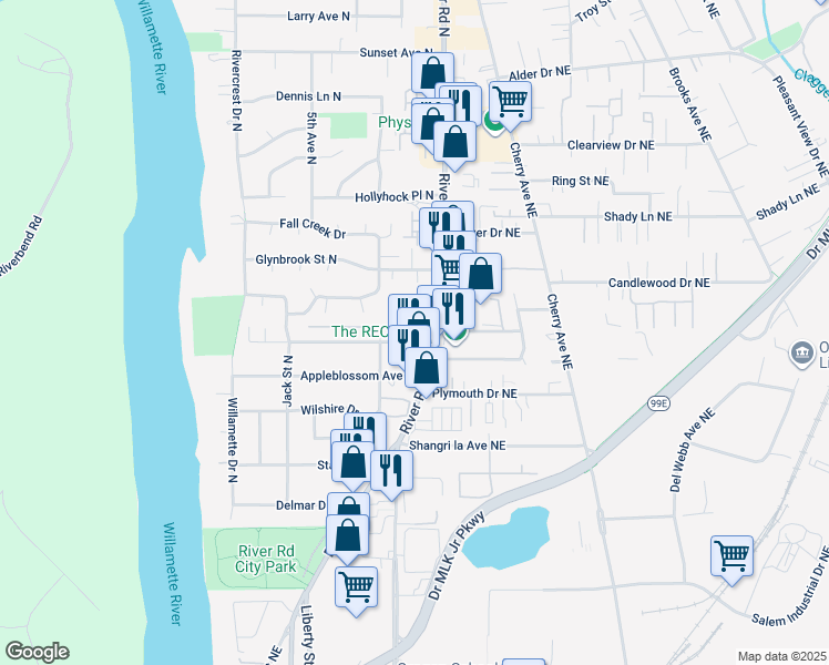 map of restaurants, bars, coffee shops, grocery stores, and more near 115 Garland Way North in Salem