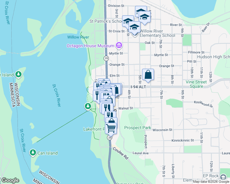 map of restaurants, bars, coffee shops, grocery stores, and more near 602 3rd Street in Hudson