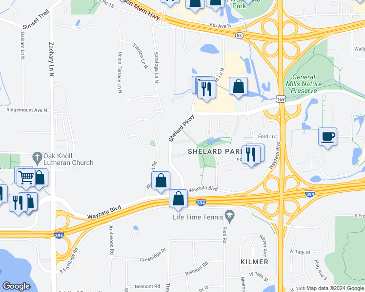 map of restaurants, bars, coffee shops, grocery stores, and more near 485 Shelard Parkway in Minneapolis
