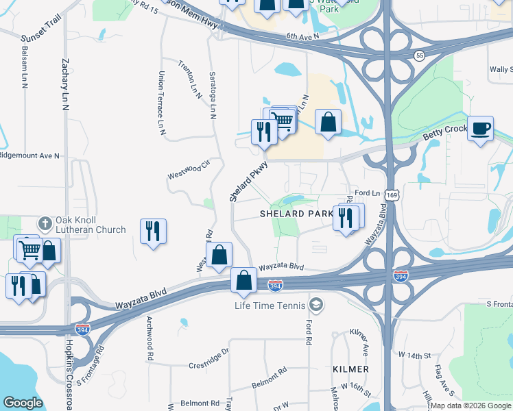 map of restaurants, bars, coffee shops, grocery stores, and more near 485 Shelard Parkway in Minneapolis