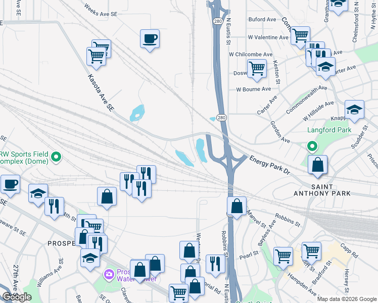 map of restaurants, bars, coffee shops, grocery stores, and more near 2578 Kasota Avenue in Saint Paul