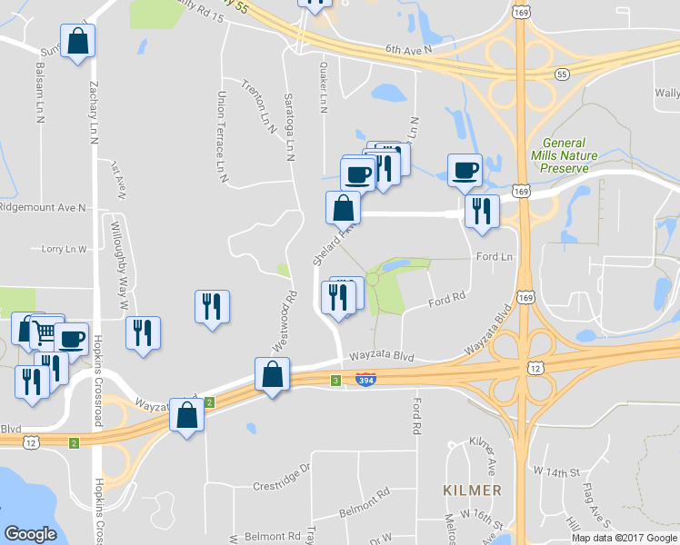map of restaurants, bars, coffee shops, grocery stores, and more near 485 Shelard Parkway in Minneapolis