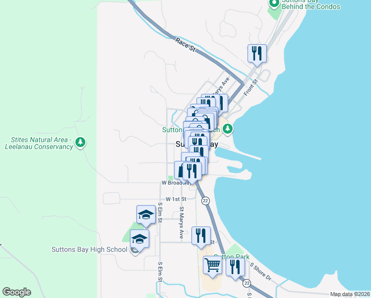 map of restaurants, bars, coffee shops, grocery stores, and more near 201-299 Highway 22 in Suttons Bay