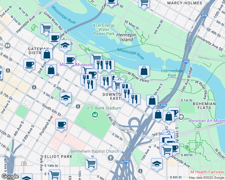 map of restaurants, bars, coffee shops, grocery stores, and more near 900 Washington Avenue South in Minneapolis