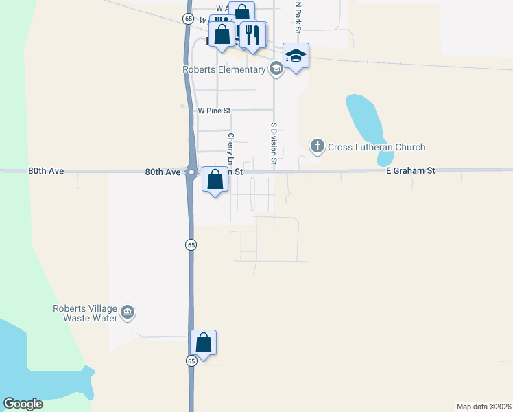 map of restaurants, bars, coffee shops, grocery stores, and more near Lulu Lane in Roberts