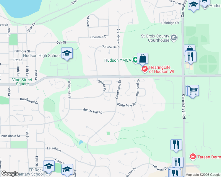 map of restaurants, bars, coffee shops, grocery stores, and more near Grandview Way in Hudson