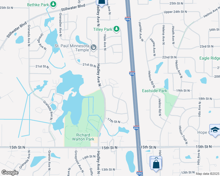 map of restaurants, bars, coffee shops, grocery stores, and more near 7062 19th Street North in Oakdale