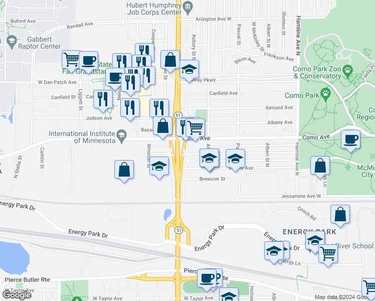 map of restaurants, bars, coffee shops, grocery stores, and more near 1563 Wynne Avenue in Saint Paul