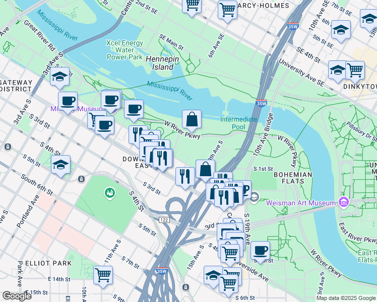 map of restaurants, bars, coffee shops, grocery stores, and more near 125 12th Avenue South in Minneapolis