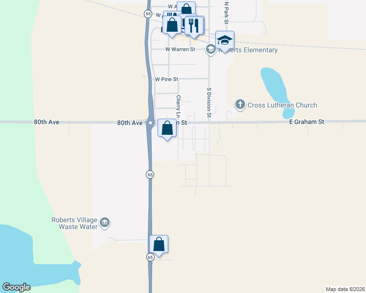 map of restaurants, bars, coffee shops, grocery stores, and more near 555 Cherry Lane in Roberts