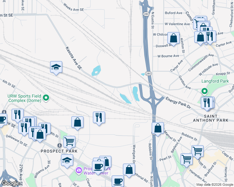 map of restaurants, bars, coffee shops, grocery stores, and more near 2578 Kasota Avenue in Saint Paul