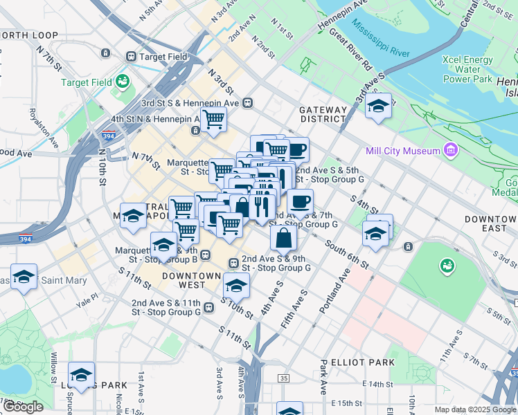 map of restaurants, bars, coffee shops, grocery stores, and more near 225 South 6th Street in Minneapolis