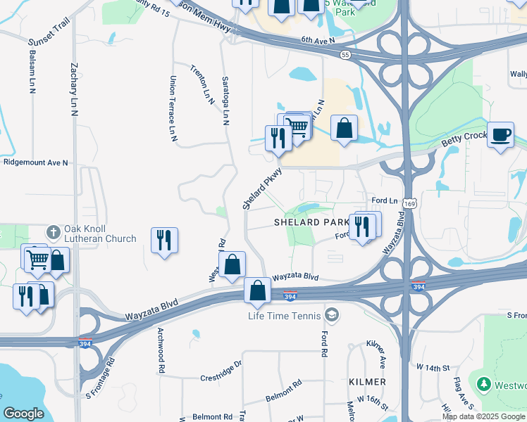 map of restaurants, bars, coffee shops, grocery stores, and more near 485 Shelard Parkway in Minneapolis