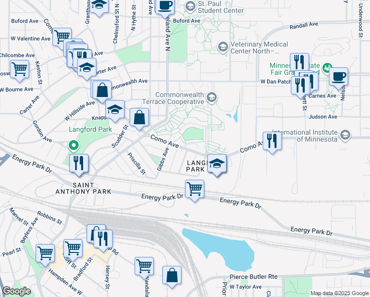 map of restaurants, bars, coffee shops, grocery stores, and more near Como Ave & Raleigh St in St Paul