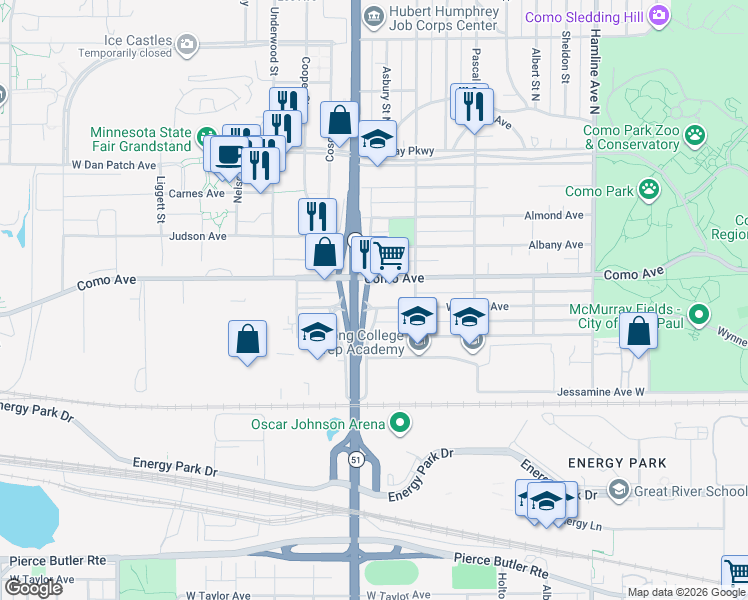 map of restaurants, bars, coffee shops, grocery stores, and more near 1563 East Snelling Service Road in Saint Paul