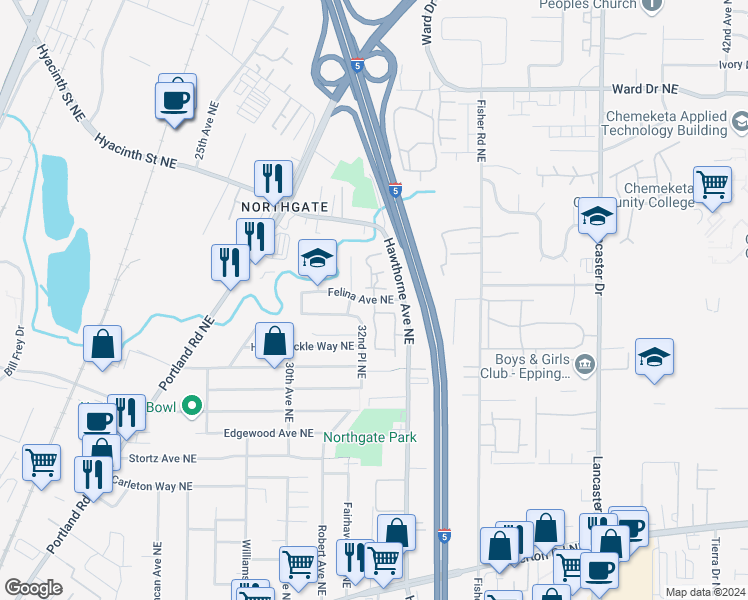 map of restaurants, bars, coffee shops, grocery stores, and more near 3265 Felina Avenue Northeast in Salem