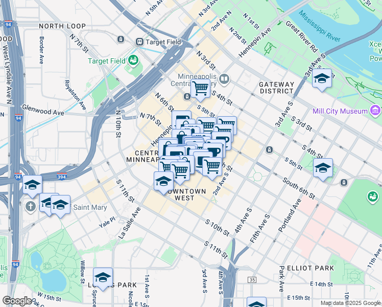 map of restaurants, bars, coffee shops, grocery stores, and more near 700 Nicollet Mall in Minneapolis