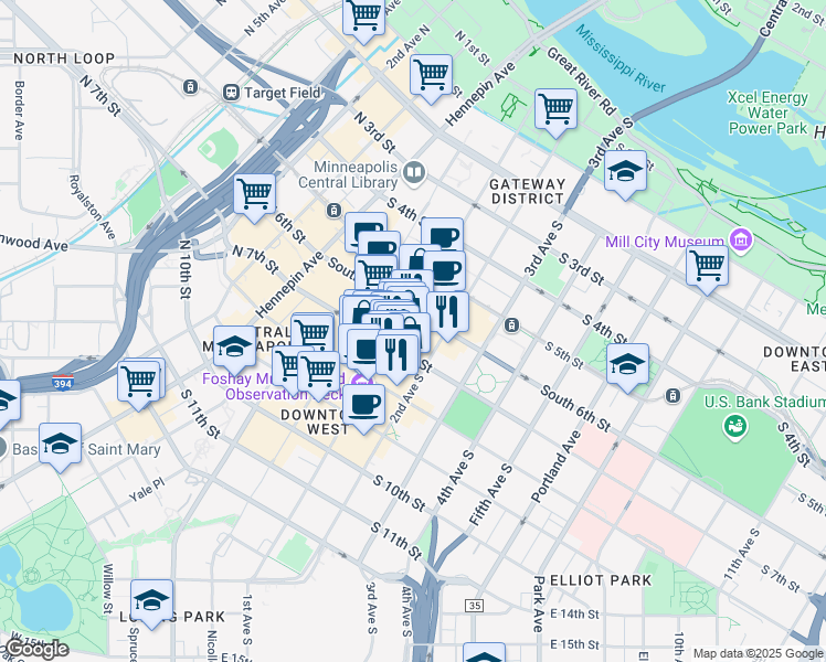 map of restaurants, bars, coffee shops, grocery stores, and more near in Minneapolis