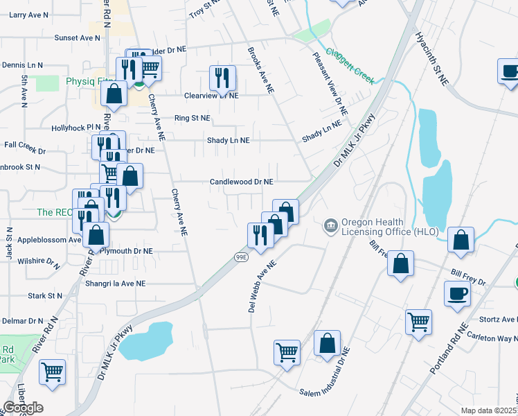 map of restaurants, bars, coffee shops, grocery stores, and more near Salem Parkway Bike Path in Keizer