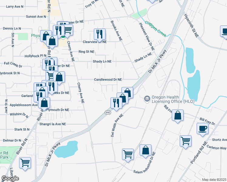 map of restaurants, bars, coffee shops, grocery stores, and more near 3440 Cherry Avenue Northeast in Keizer
