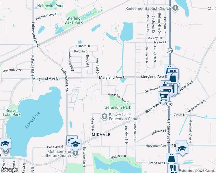 map of restaurants, bars, coffee shops, grocery stores, and more near 2517 Geranium Avenue East in Maplewood
