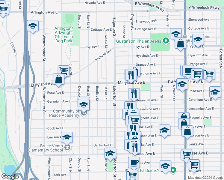 map of restaurants, bars, coffee shops, grocery stores, and more near 1153 Edgerton Street in Saint Paul