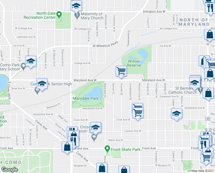 map of restaurants, bars, coffee shops, grocery stores, and more near 1164 Mackubin Street in Saint Paul