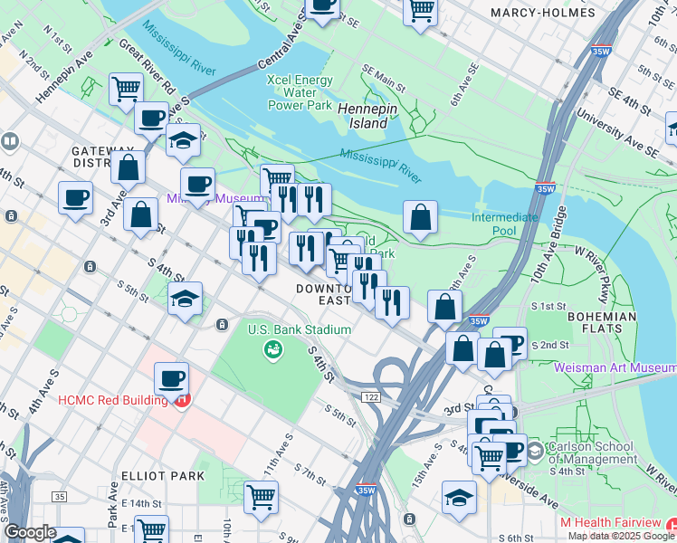 map of restaurants, bars, coffee shops, grocery stores, and more near 1011 Washington Avenue South in Minneapolis