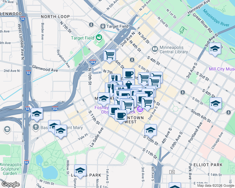 map of restaurants, bars, coffee shops, grocery stores, and more near 801 Lasalle Avenue in Minneapolis