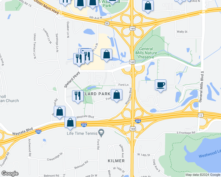 map of restaurants, bars, coffee shops, grocery stores, and more near in St. Louis Park