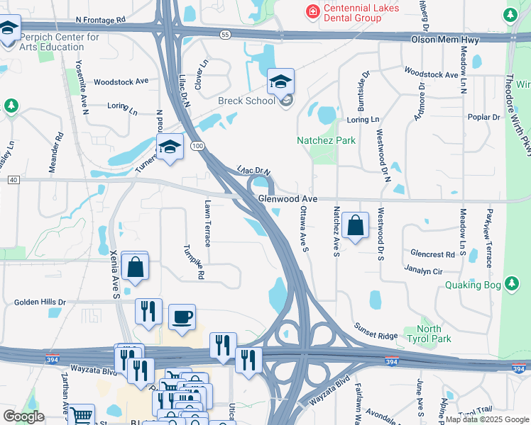 map of restaurants, bars, coffee shops, grocery stores, and more near Minnesota 100 in Minneapolis