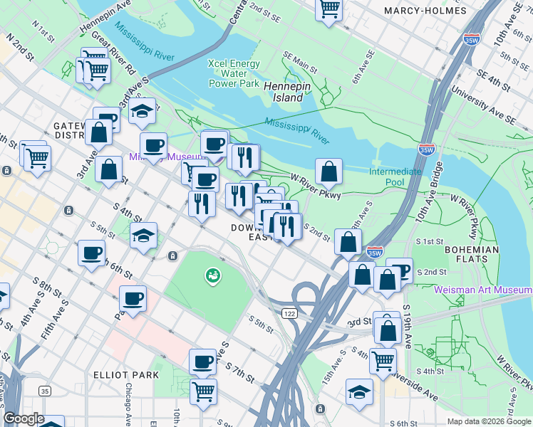 map of restaurants, bars, coffee shops, grocery stores, and more near 212 10th Avenue South in Minneapolis