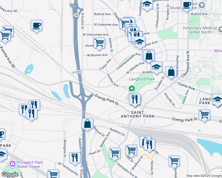map of restaurants, bars, coffee shops, grocery stores, and more near 2297 Hillside Avenue in Saint Paul
