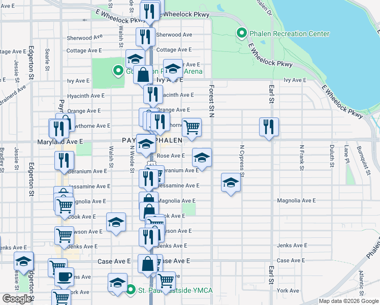 map of restaurants, bars, coffee shops, grocery stores, and more near 891 Rose Avenue East in Saint Paul