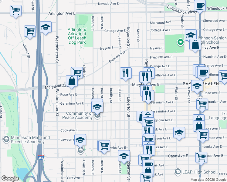map of restaurants, bars, coffee shops, grocery stores, and more near 535 Maryland Avenue East in Saint Paul