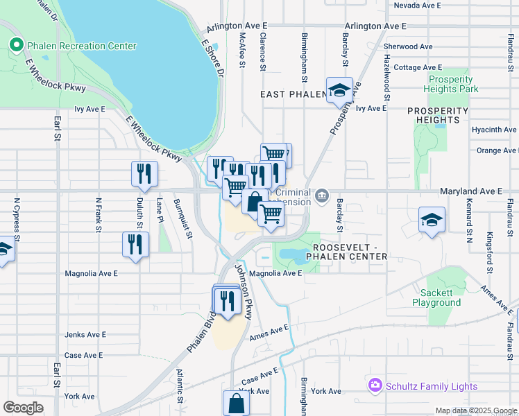 map of restaurants, bars, coffee shops, grocery stores, and more near in Saint Paul