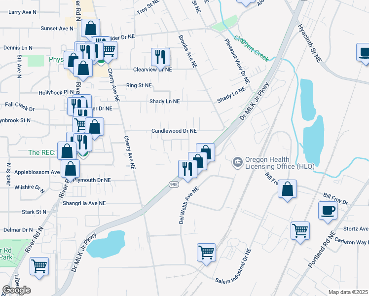 map of restaurants, bars, coffee shops, grocery stores, and more near 1208 Candlewood Drive Northeast in Keizer